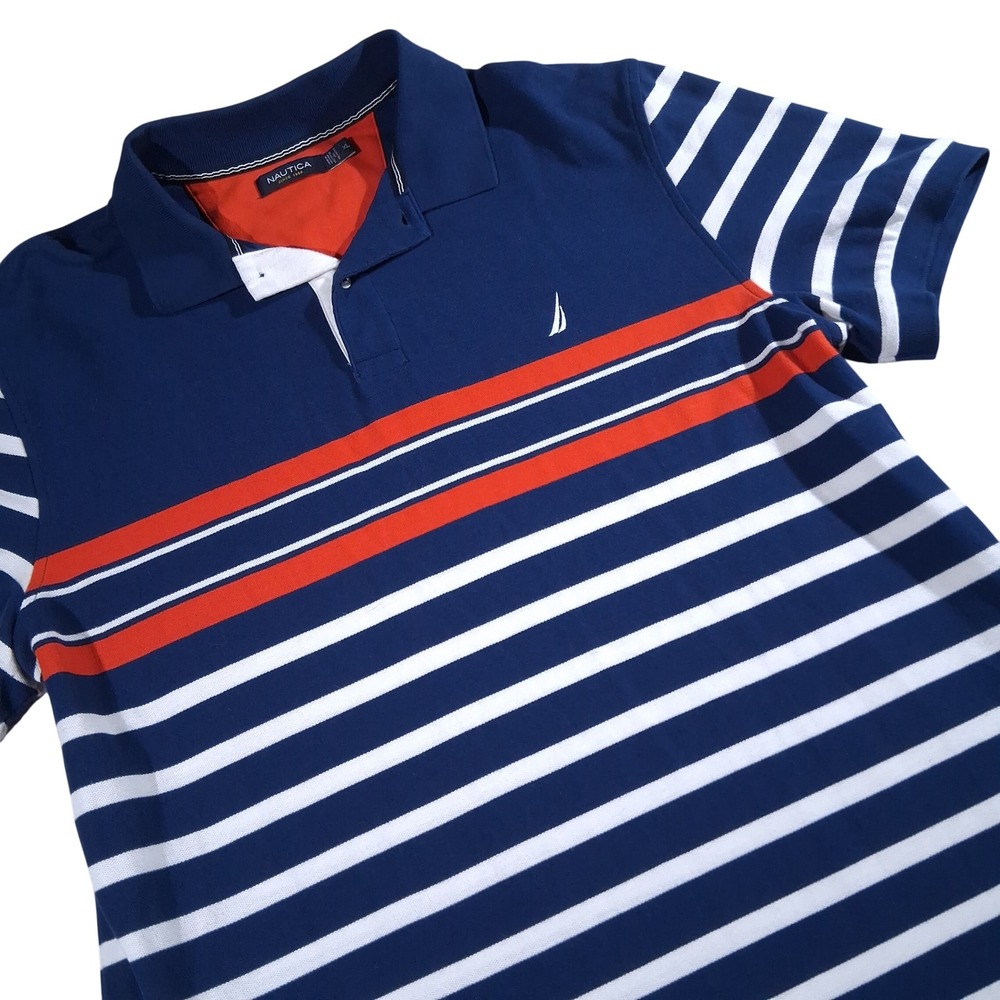 Nautica Mens XL Striped Short Sleeve Polo Shirt Navy Blue Orange White KM4310